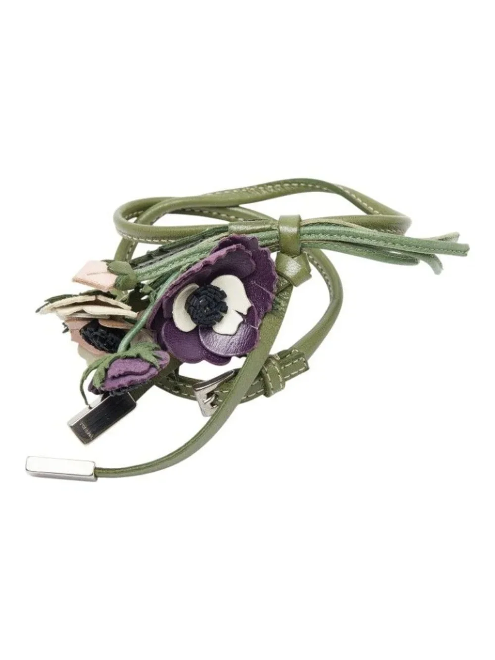 Prada Flower Motif Choker Necklace Bracelet Purple Ivory Green Leather